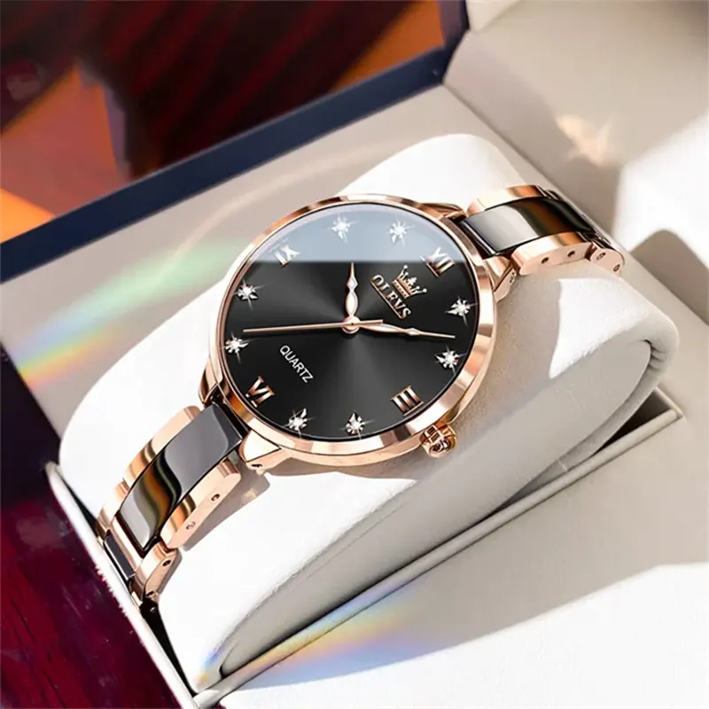 Olevs Luxurious Quartz Black Dial Ladies Watch- 5872